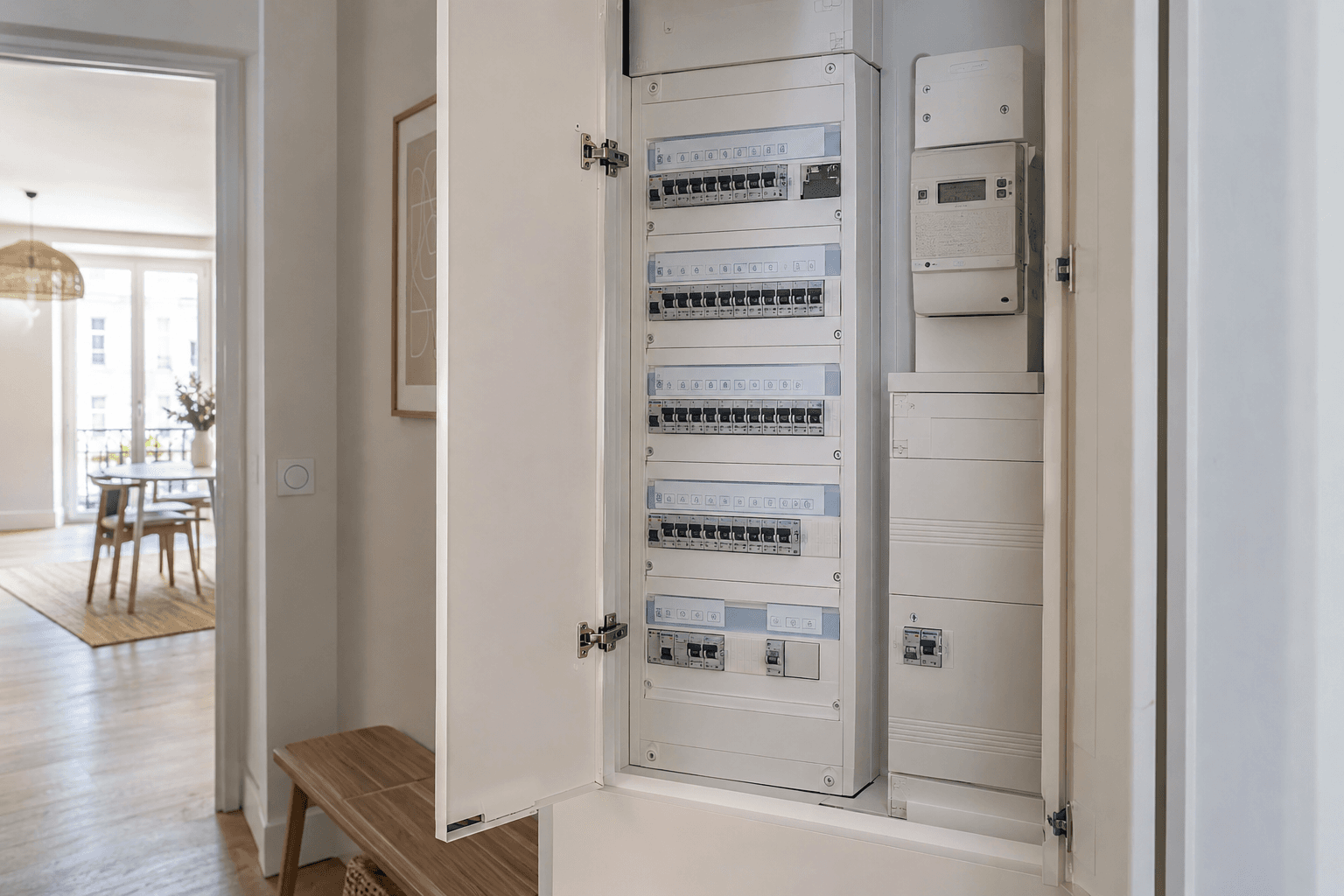 Exemple fictif d’un tableau électrique organisé dans un logement