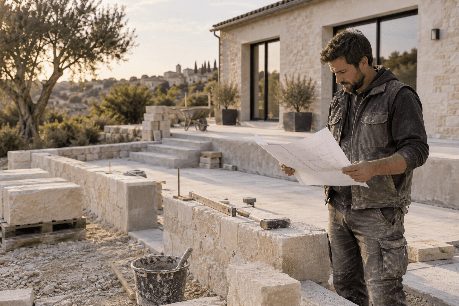 Maçon fictif consultant un plan sur une terrasse résidentielle en cours de réalisation