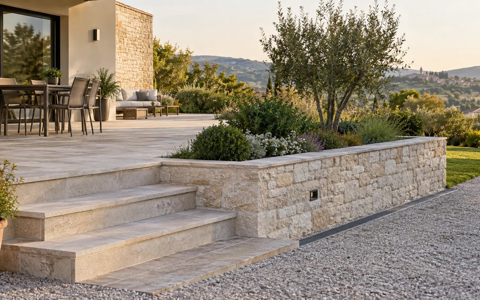 Terrasse en pierre et mur de soutènement réalisés près d’une maison