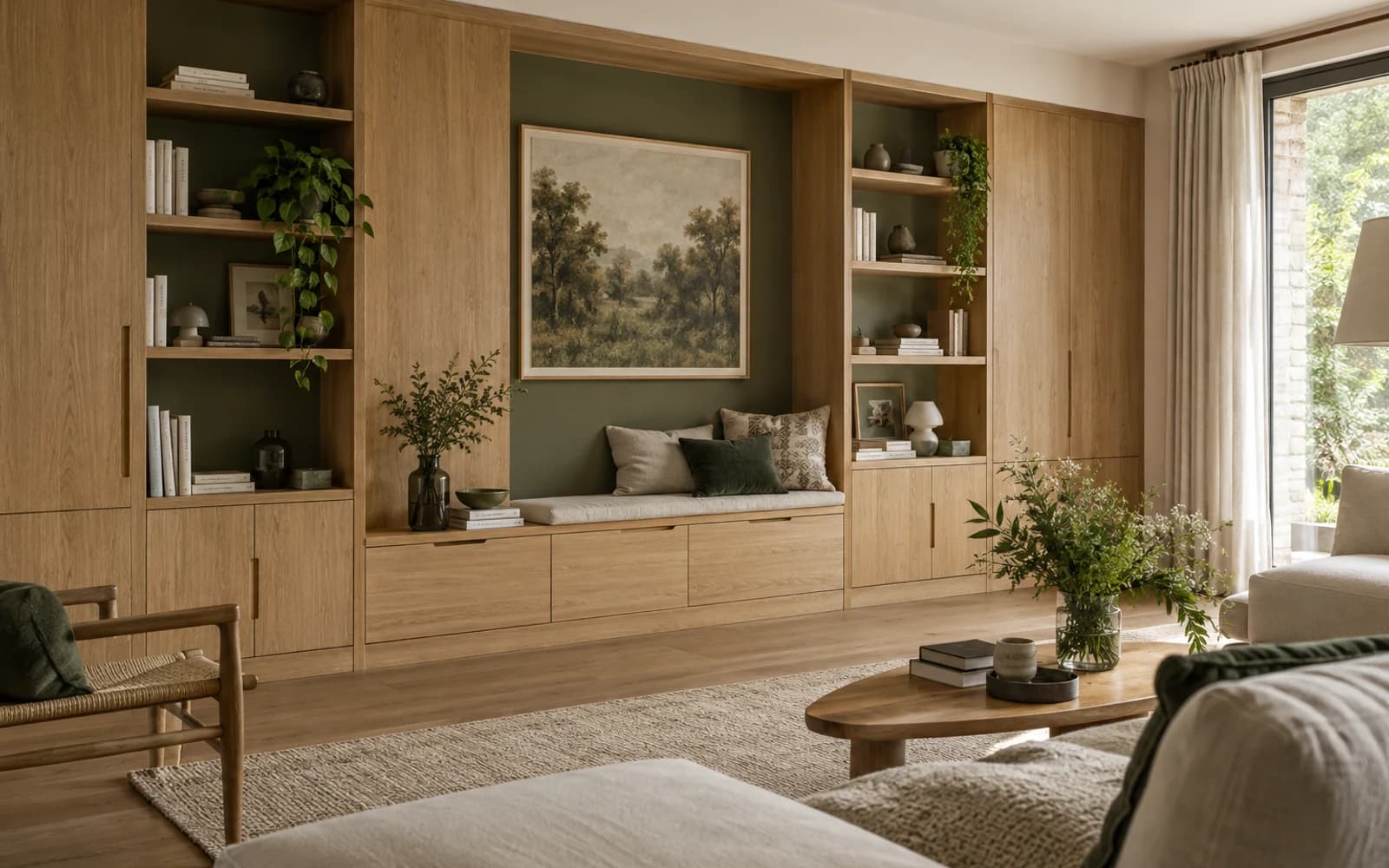 Bibliothèque et rangements muraux sur mesure en chêne clair